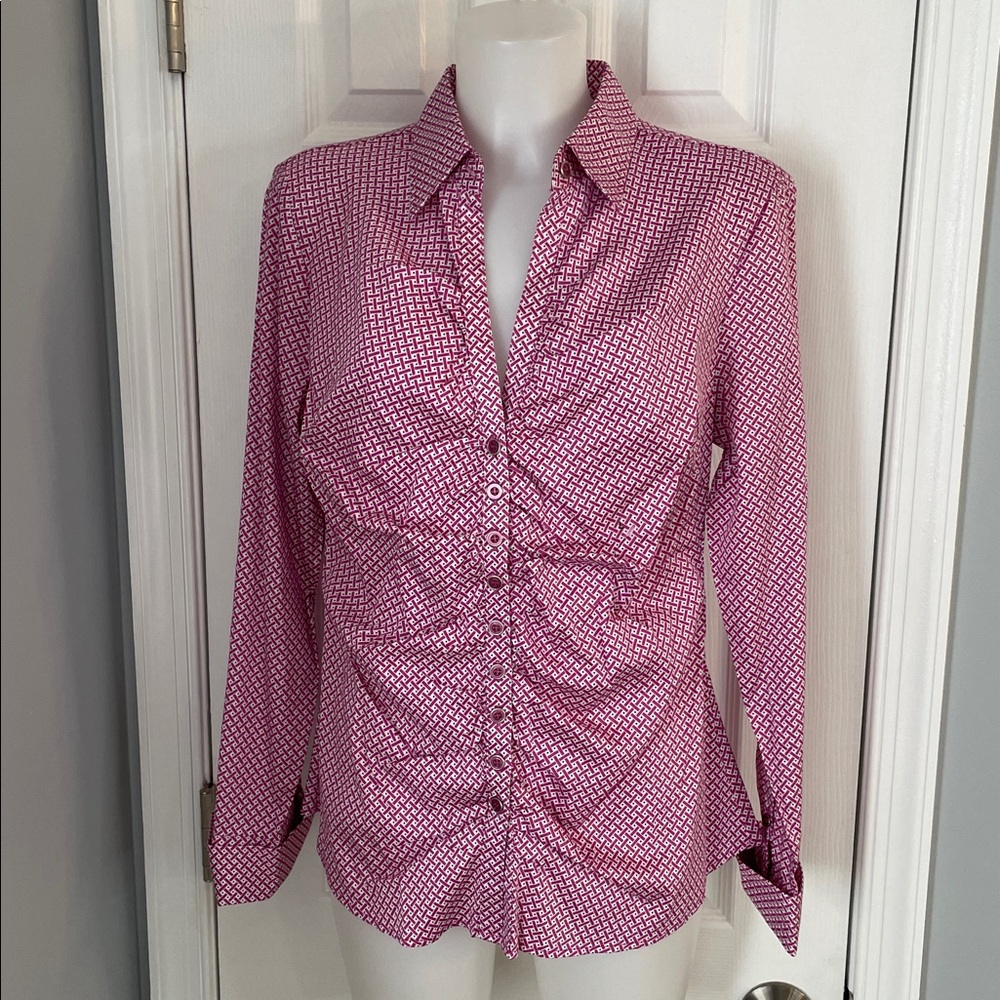 NEW YORK & Co PINK & WHITE LONG SLEEVE BUTTON UP FRONT COLLARD BLOUSE SHIRT SZ L - Picture 2 of 11